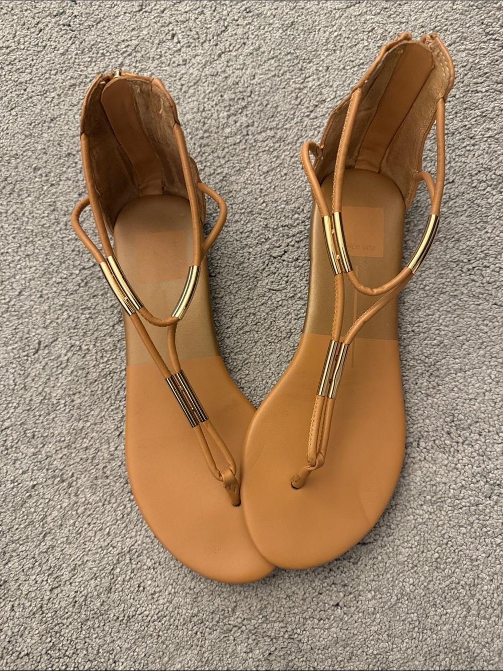 Dolce Vita Tan Leather T-Strap Sandals with Gold Accents
